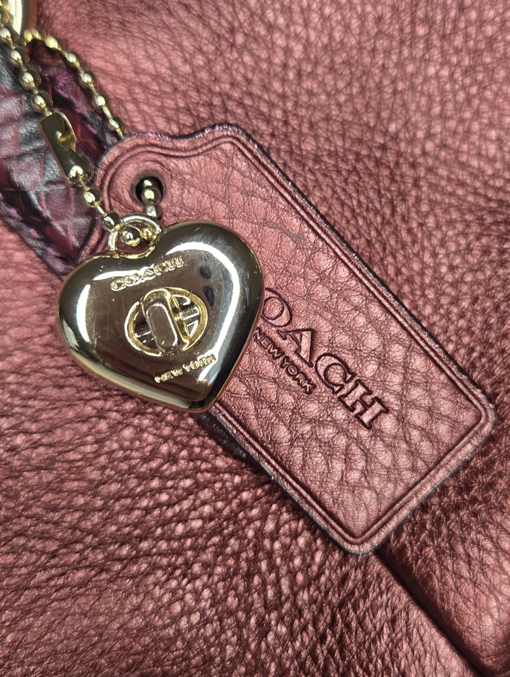 Coach Metallic Burgundy Pebbled Leather Satchel Crossbody Bag Gold Hardware - Picture 3 of 9